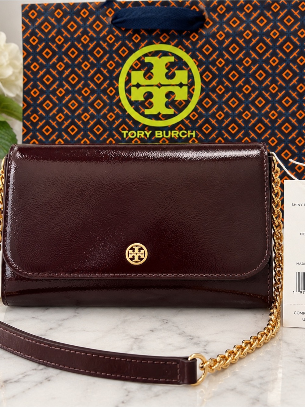 Tory Burch Burgundy Patent Leather Crossbody with Gold Chain